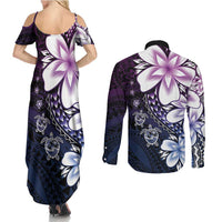 Polynesia Romantic Valentine Couples Matching Summer Maxi Dress and Long Sleeve Button Shirt Sea Turtle Couple With Purple Gradient Plumeria