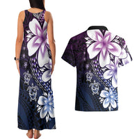 Polynesia Romantic Valentine Couples Matching Tank Maxi Dress and Hawaiian Shirt Sea Turtle Couple With Purple Gradient Plumeria
