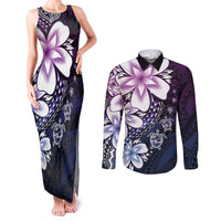 Polynesia Romantic Valentine Couples Matching Tank Maxi Dress and Long Sleeve Button Shirt Sea Turtle Couple With Purple Gradient Plumeria
