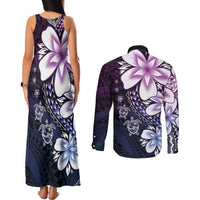 Polynesia Romantic Valentine Couples Matching Tank Maxi Dress and Long Sleeve Button Shirt Sea Turtle Couple With Purple Gradient Plumeria