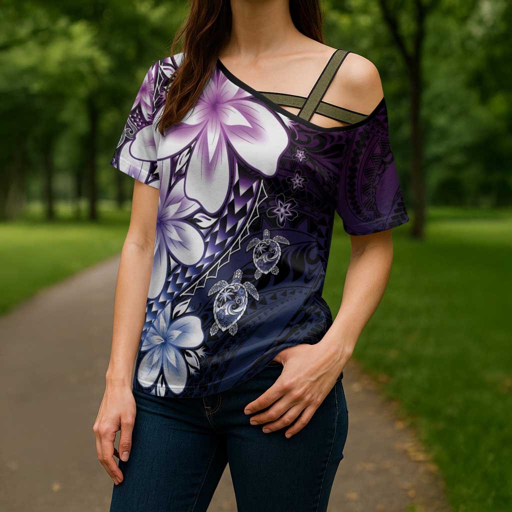 Polynesia Romantic Valentine Cross Shoulder Shirt Sea Turtle Couple With Purple Gradient Plumeria