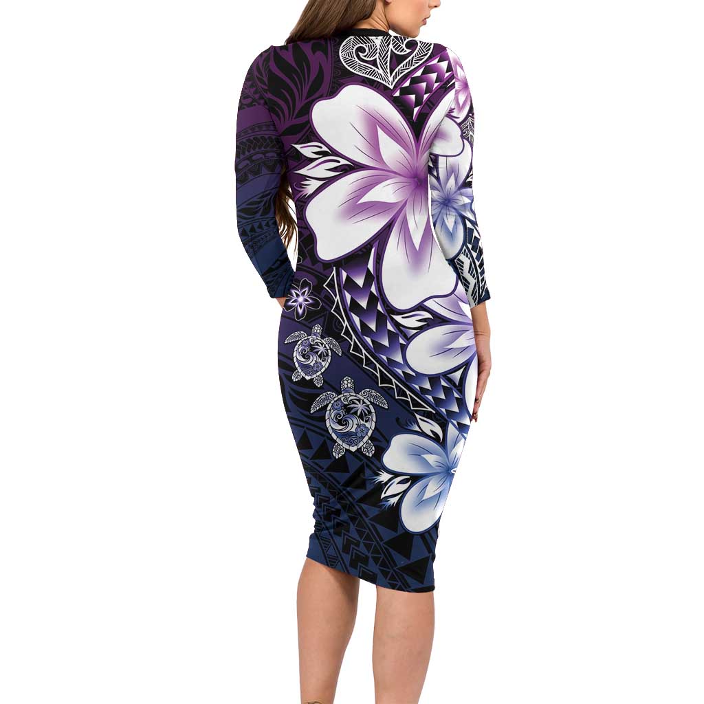 Polynesia Romantic Valentine Family Matching Long Sleeve Bodycon Dress and Hawaiian Shirt Sea Turtle Couple With Purple Gradient Plumeria LT05 - Polynesian Pride