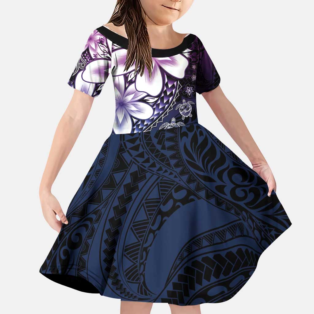 Polynesia Romantic Valentine Family Matching Mermaid Dress and Hawaiian Shirt Sea Turtle Couple With Purple Gradient Plumeria LT05 Daughter's Dress Purple - Polynesian Pride