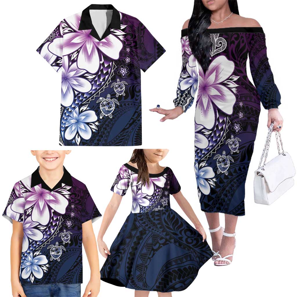Polynesia Romantic Valentine Family Matching Off The Shoulder Long Sleeve Dress and Hawaiian Shirt Sea Turtle Couple With Purple Gradient Plumeria