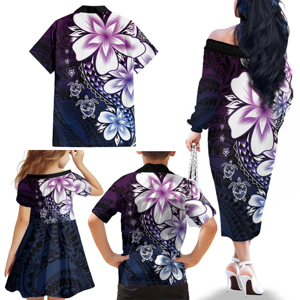 Polynesia Romantic Valentine Family Matching Off The Shoulder Long Sleeve Dress and Hawaiian Shirt Sea Turtle Couple With Purple Gradient Plumeria LT05 - Polynesian Pride