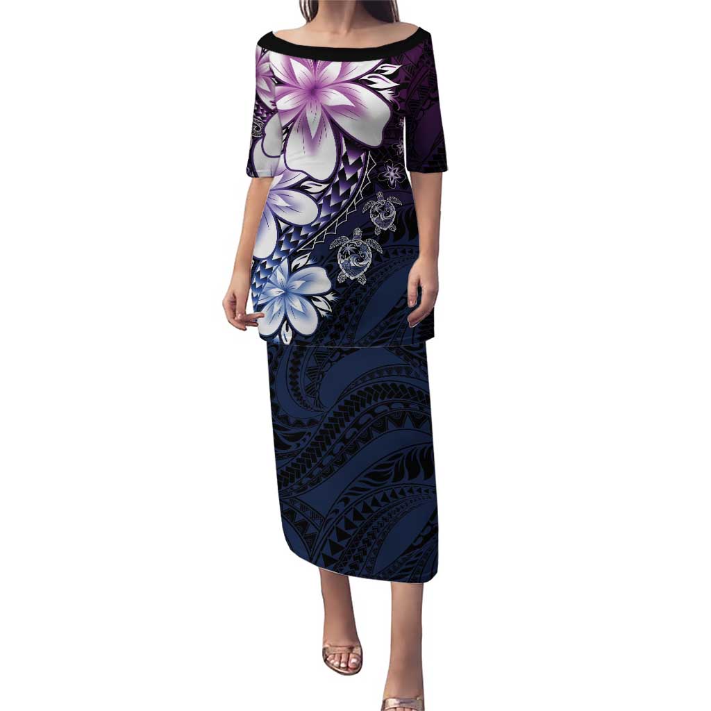 Polynesia Romantic Valentine Family Matching Puletasi and Hawaiian Shirt Sea Turtle Couple With Purple Gradient Plumeria