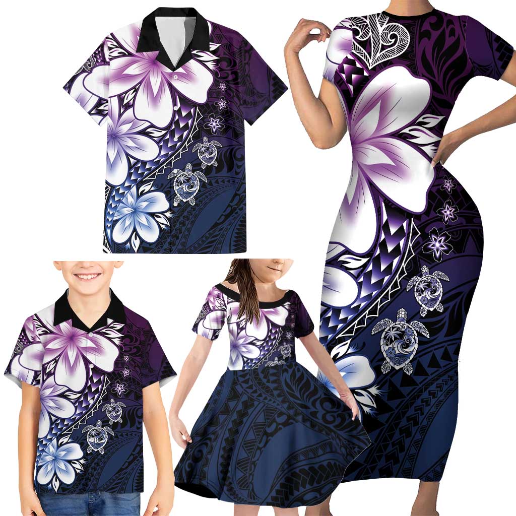 Polynesia Romantic Valentine Family Matching Short Sleeve Bodycon Dress and Hawaiian Shirt Sea Turtle Couple With Purple Gradient Plumeria LT05 - Polynesian Pride