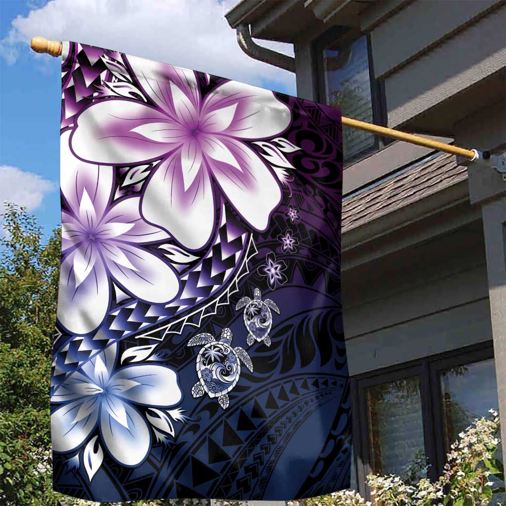 Polynesia Romantic Valentine Garden Flag Sea Turtle Couple With Purple Gradient Plumeria
