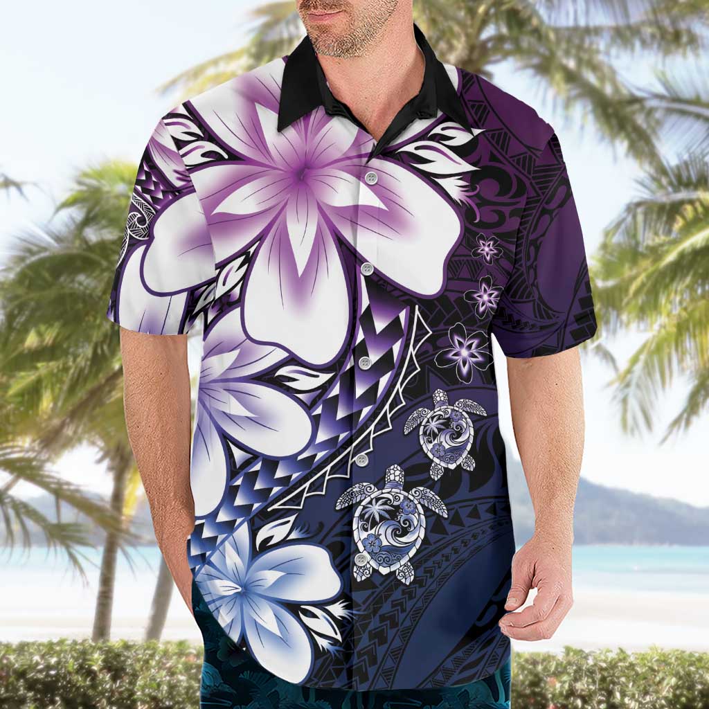 Polynesia Romantic Valentine Hawaiian Shirt Sea Turtle Couple With Purple Gradient Plumeria