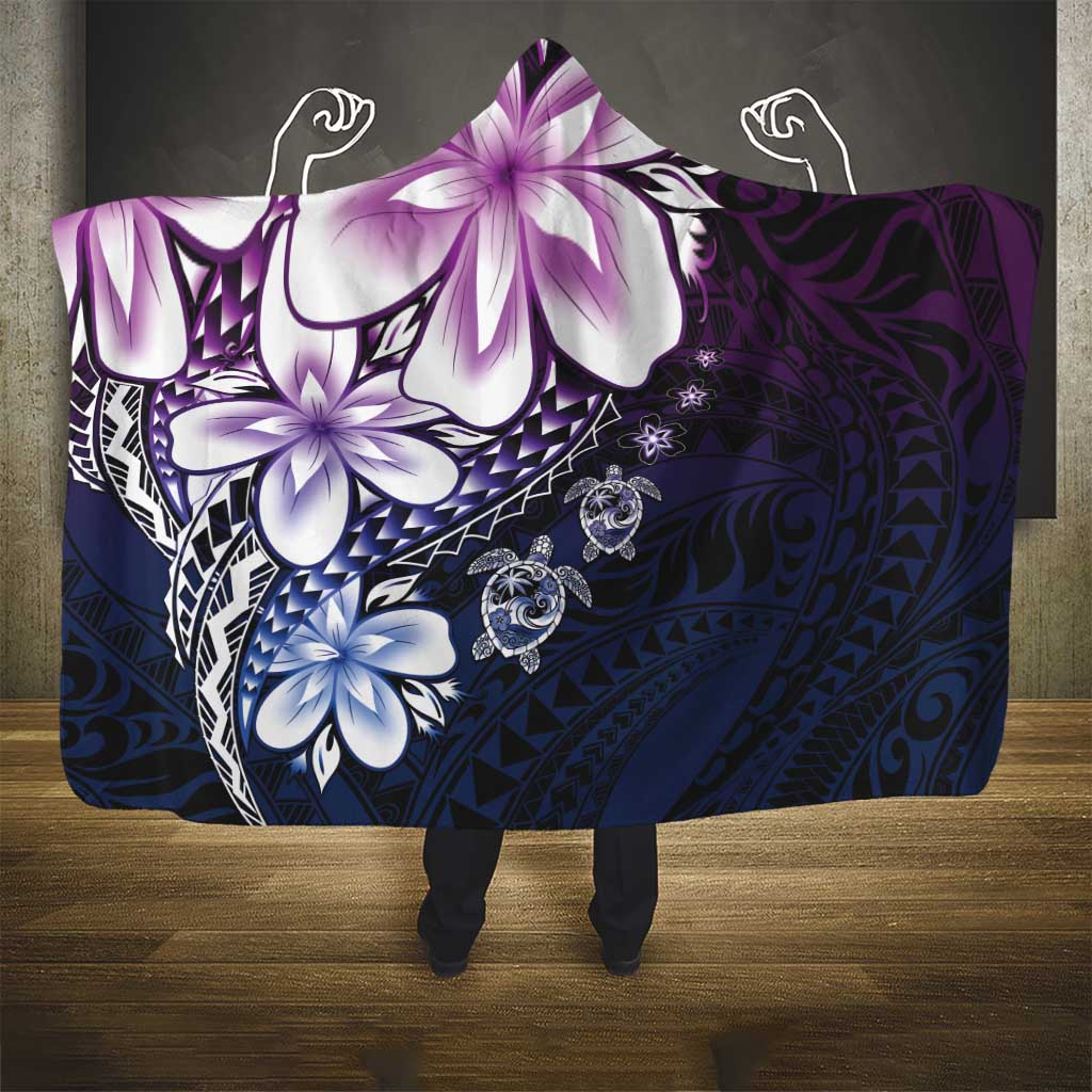 Polynesia Romantic Valentine Hooded Blanket Sea Turtle Couple With Purple Gradient Plumeria