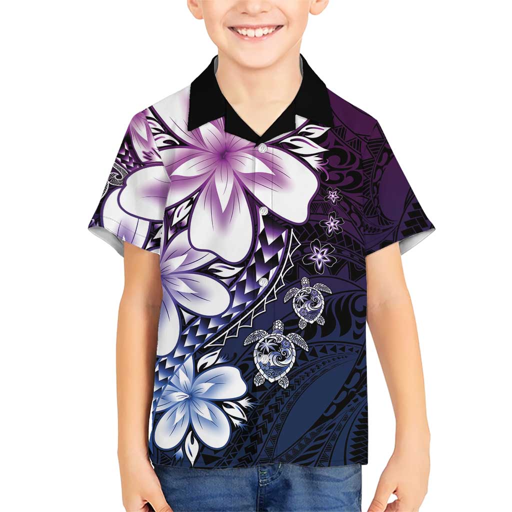 Polynesia Romantic Valentine Kid Hawaiian Shirt Sea Turtle Couple With Purple Gradient Plumeria