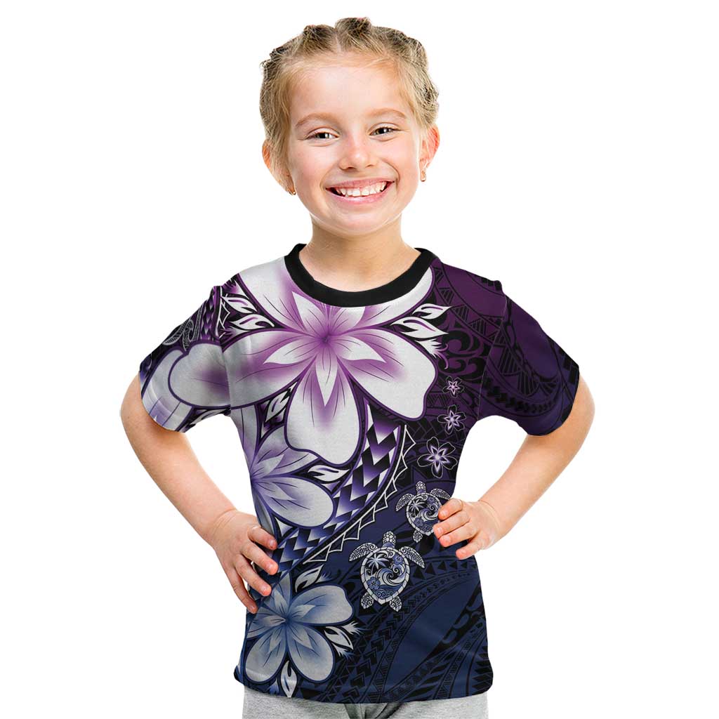 Polynesia Romantic Valentine Kid T Shirt Sea Turtle Couple With Purple Gradient Plumeria