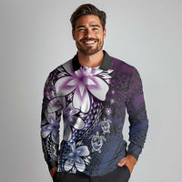 Polynesia Romantic Valentine Long Sleeve Polo Shirt Sea Turtle Couple With Purple Gradient Plumeria