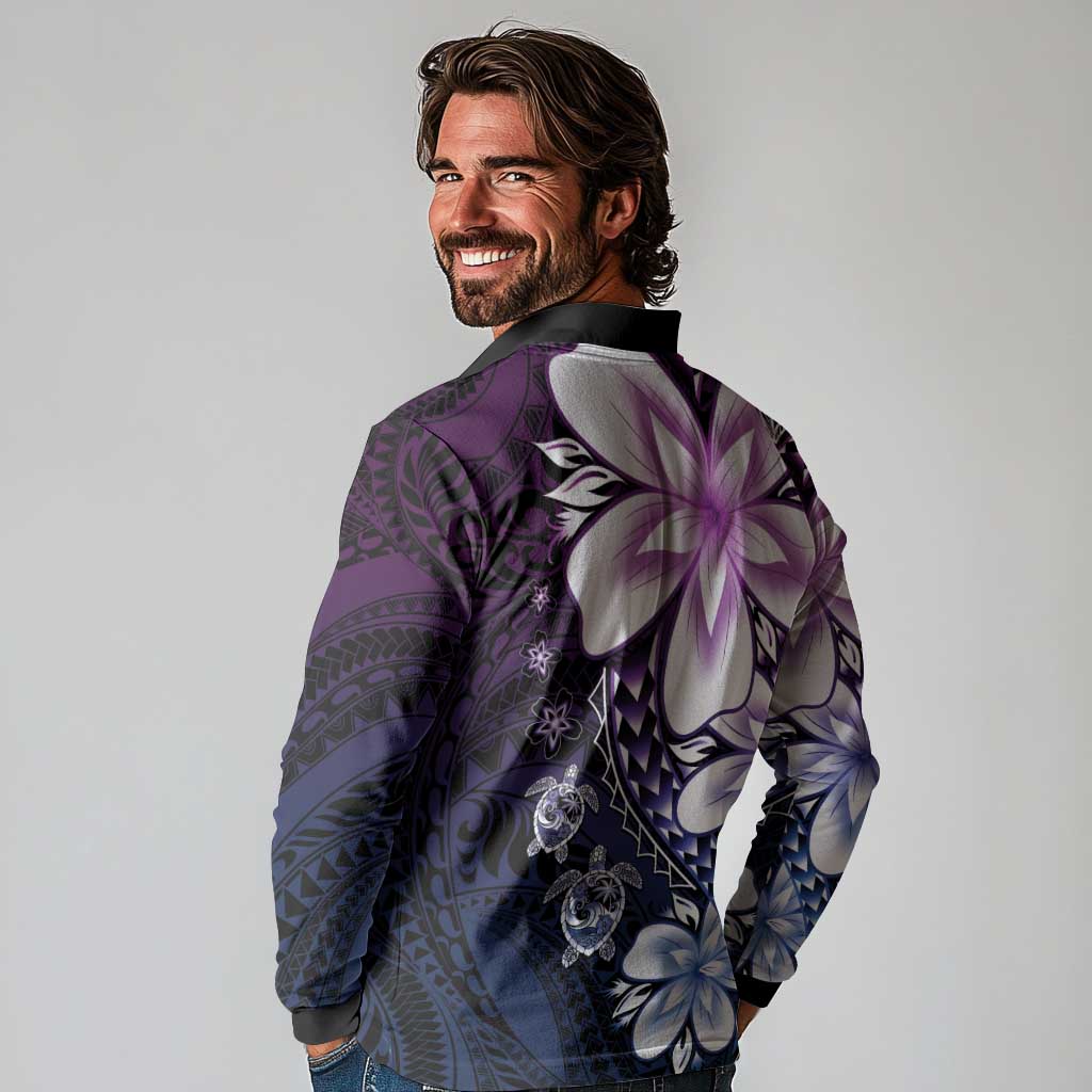 Polynesia Romantic Valentine Long Sleeve Polo Shirt Sea Turtle Couple With Purple Gradient Plumeria
