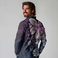 Polynesia Romantic Valentine Long Sleeve Polo Shirt Sea Turtle Couple With Purple Gradient Plumeria