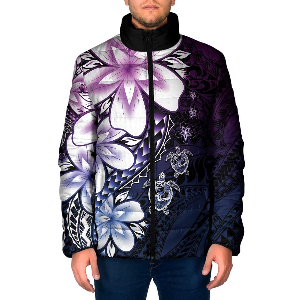 Polynesia Romantic Valentine Padded Jacket Sea Turtle Couple With Purple Gradient Plumeria