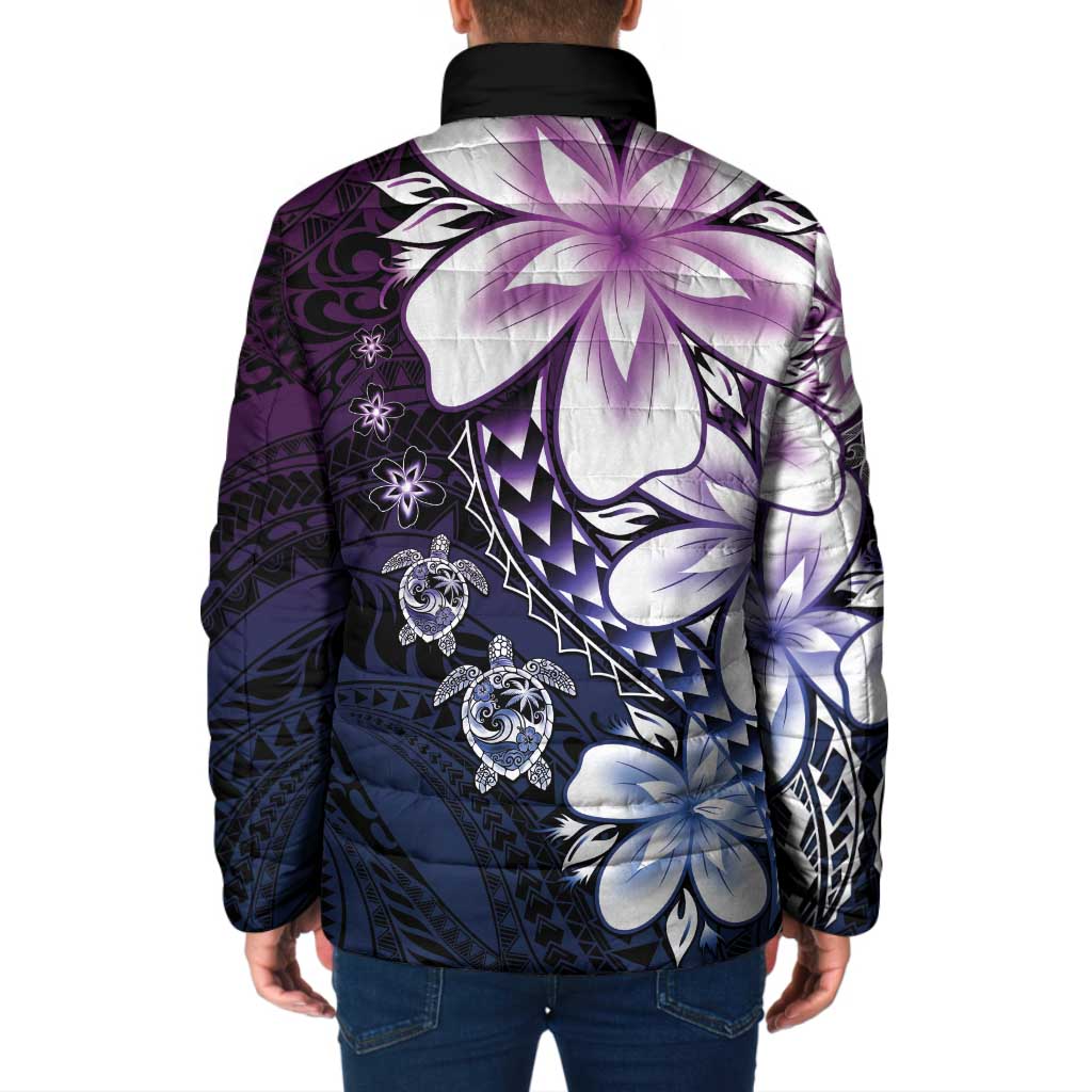 Polynesia Romantic Valentine Padded Jacket Sea Turtle Couple With Purple Gradient Plumeria