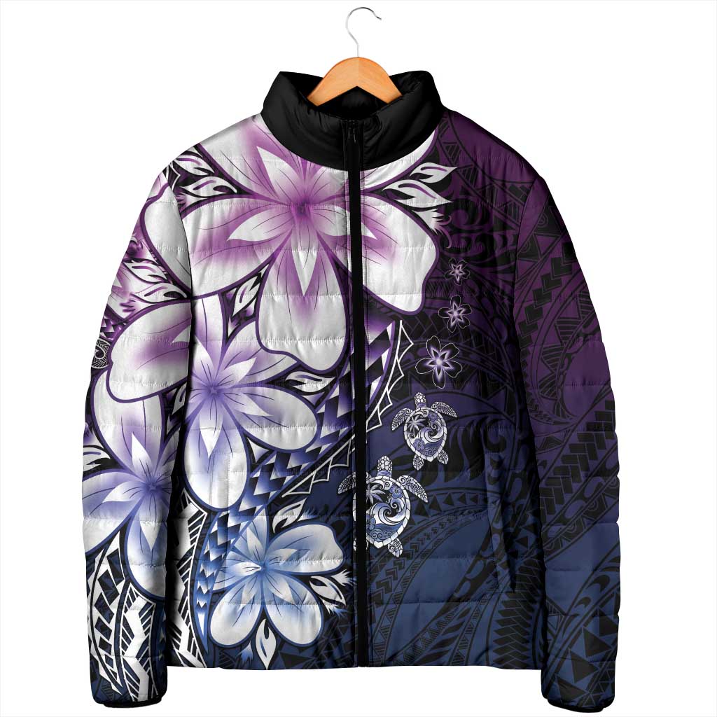 Polynesia Romantic Valentine Padded Jacket Sea Turtle Couple With Purple Gradient Plumeria