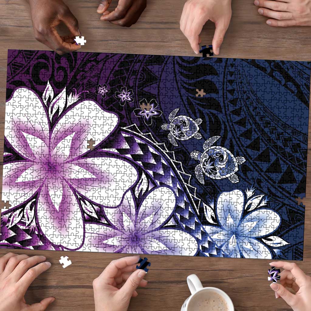 Polynesia Romantic Valentine Puzzle Sea Turtle Couple With Purple Gradient Plumeria