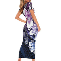 Polynesia Romantic Valentine Short Sleeve Bodycon Dress Sea Turtle Couple With Purple Gradient Plumeria