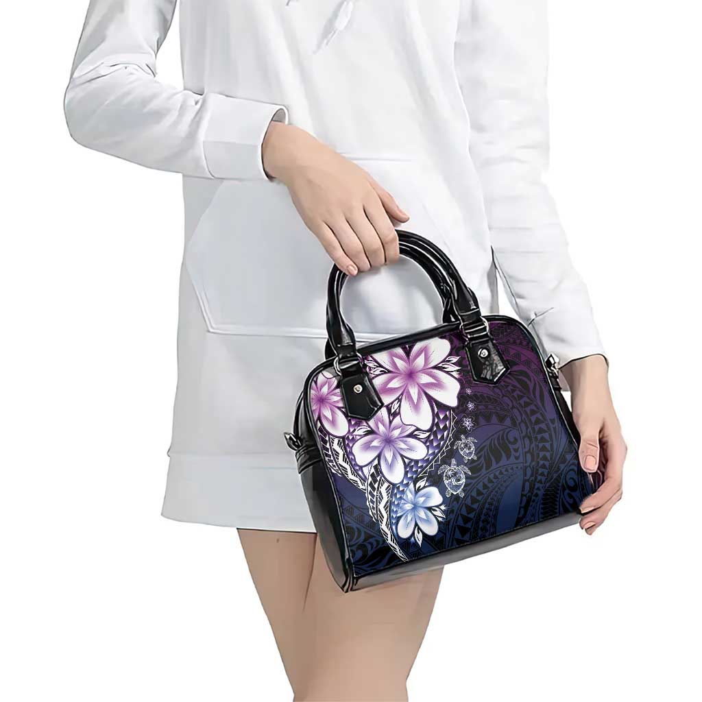 Polynesia Romantic Valentine Shoulder Handbag Sea Turtle Couple With Purple Gradient Plumeria
