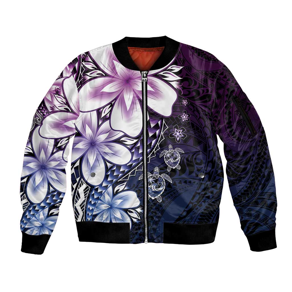 Polynesia Romantic Valentine Sleeve Zip Bomber Jacket Sea Turtle Couple With Purple Gradient Plumeria