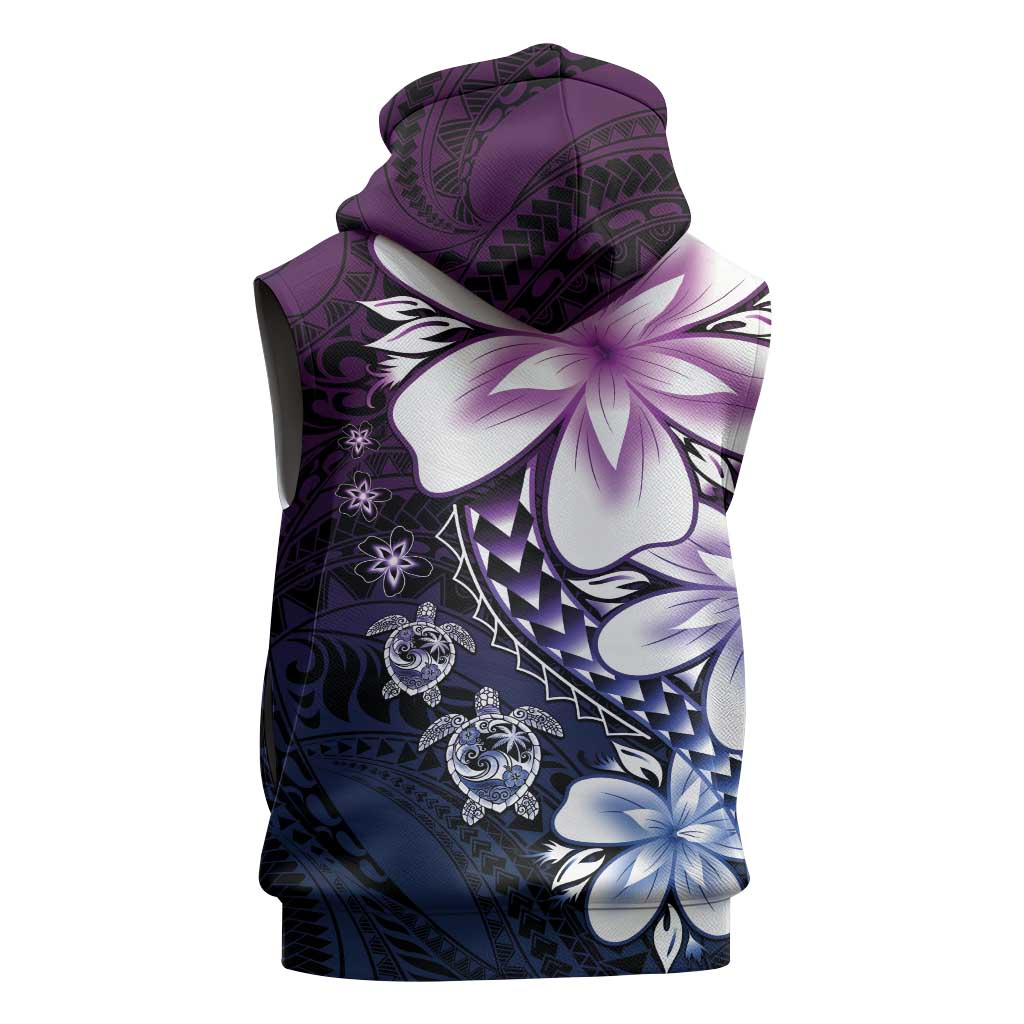 Polynesia Romantic Valentine Sleeveless Zip Hoodie Sea Turtle Couple With Purple Gradient Plumeria
