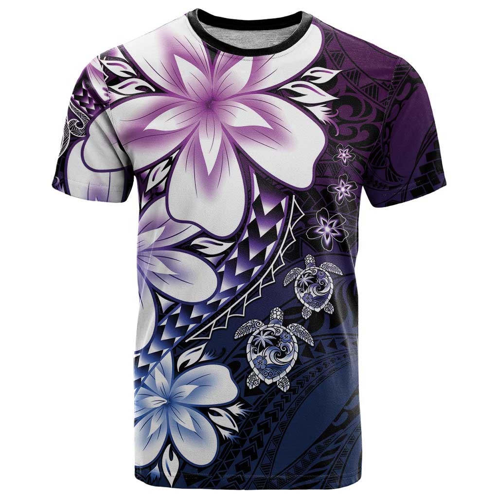 Polynesia Romantic Valentine T Shirt Sea Turtle Couple With Purple Gradient Plumeria