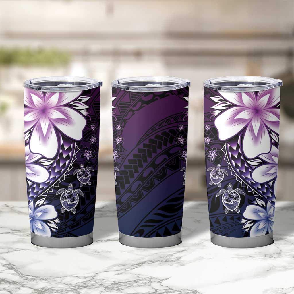Polynesia Romantic Valentine Tumbler Cup Sea Turtle Couple With Purple Gradient Plumeria