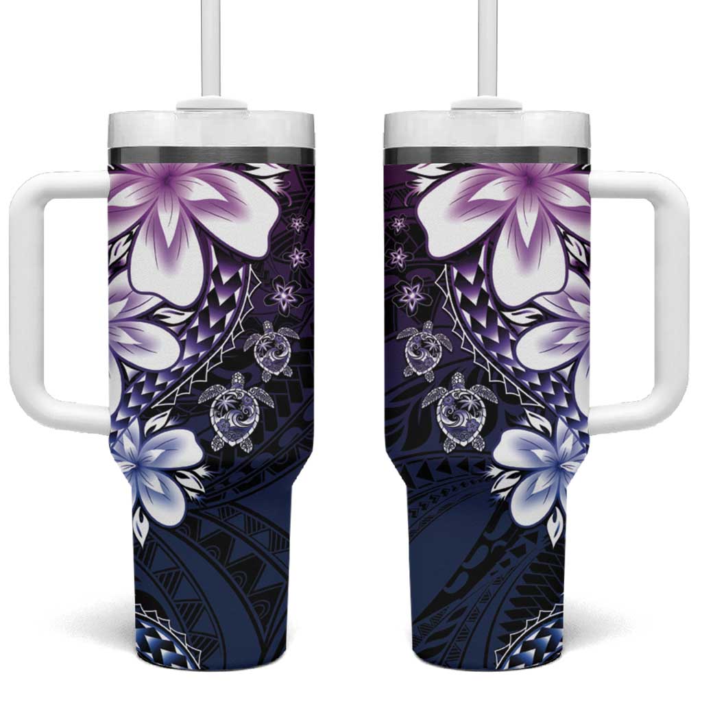 Polynesia Romantic Valentine Tumbler With Handle Sea Turtle Couple With Purple Gradient Plumeria
