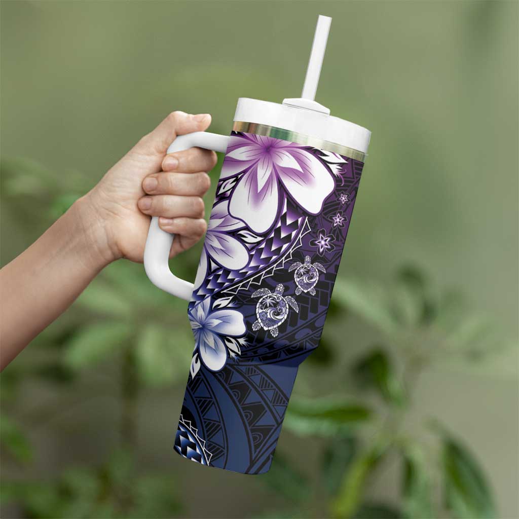 Polynesia Romantic Valentine Tumbler With Handle Sea Turtle Couple With Purple Gradient Plumeria