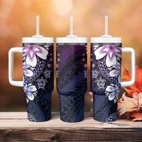 Polynesia Romantic Valentine Tumbler With Handle Sea Turtle Couple With Purple Gradient Plumeria