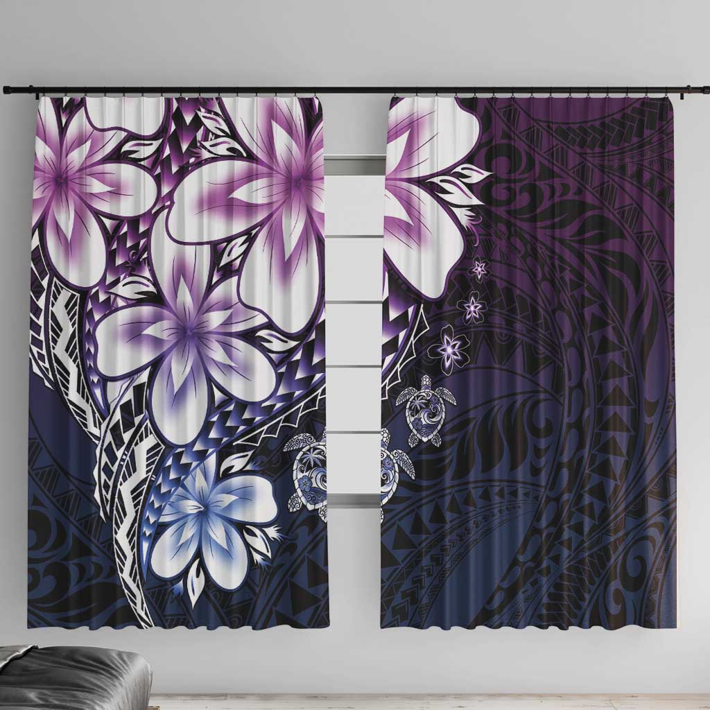Polynesia Romantic Valentine Window Curtain Sea Turtle Couple With Purple Gradient Plumeria