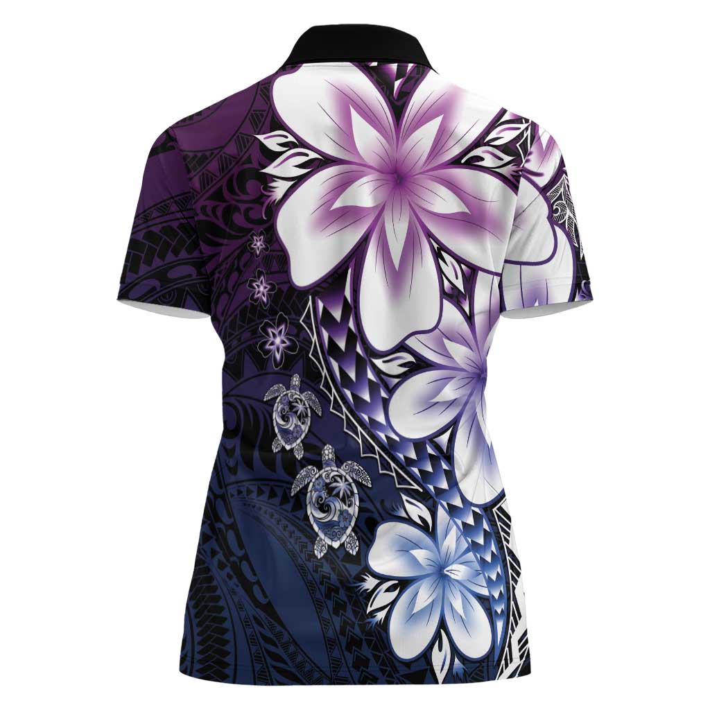 Polynesia Romantic Valentine Women Polo Shirt Sea Turtle Couple With Purple Gradient Plumeria