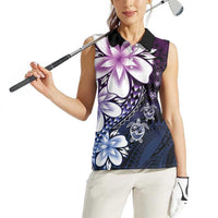 Polynesia Romantic Valentine Women Sleeveless Polo Shirt Sea Turtle Couple With Purple Gradient Plumeria
