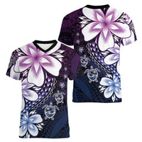 Polynesia Romantic Valentine Women V-Neck T-Shirt Sea Turtle Couple With Purple Gradient Plumeria