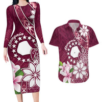 Personalised Cook Island Mangaia Gospel Day Couples Matching Long Sleeve Bodycon Dress and Hawaiian Shirt Floral Tribal Pattern LT05 Maroon - Polynesian Pride