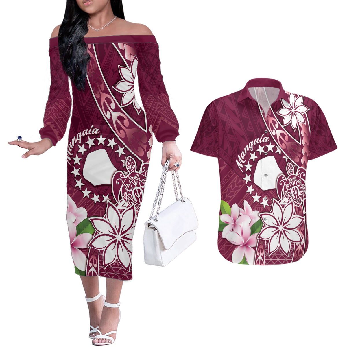 Personalised Cook Island Mangaia Gospel Day Couples Matching Off The Shoulder Long Sleeve Dress and Hawaiian Shirt Floral Tribal Pattern