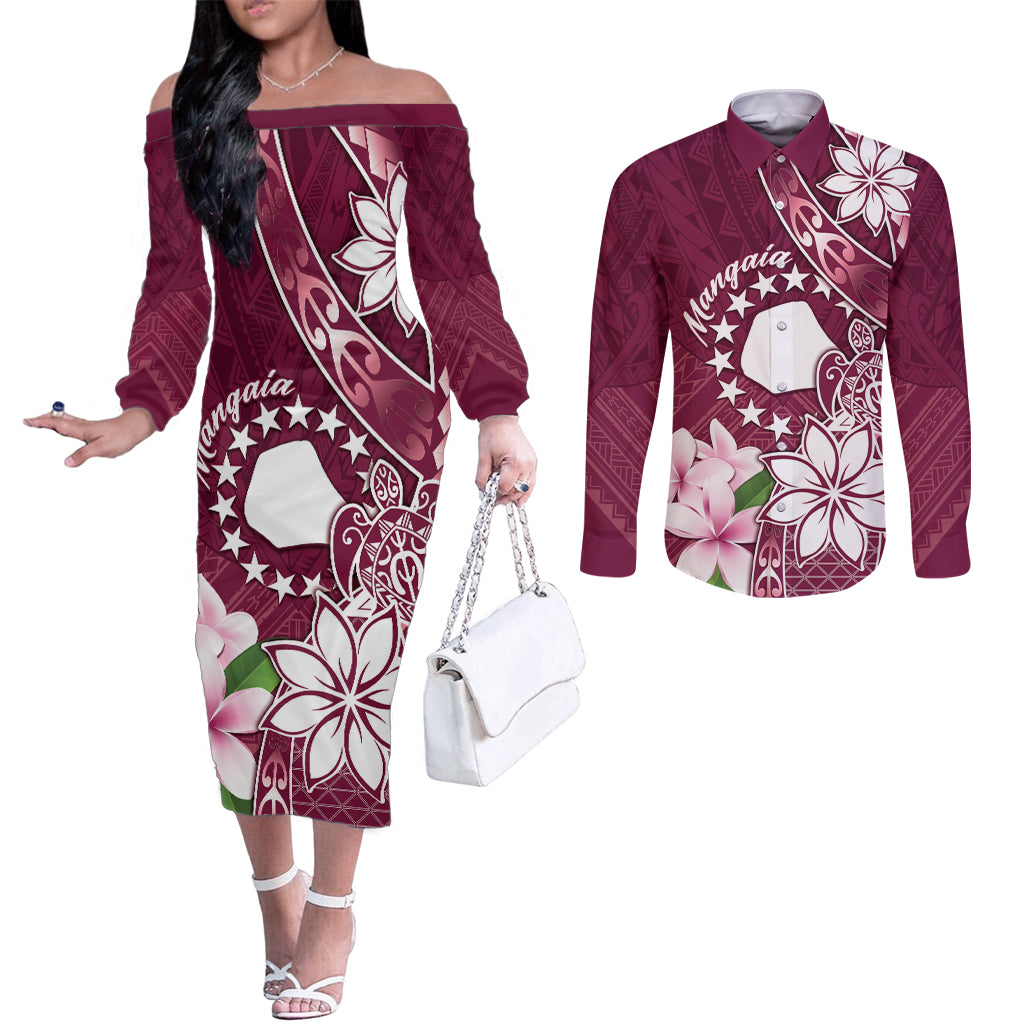 Personalised Cook Island Mangaia Gospel Day Couples Matching Off The Shoulder Long Sleeve Dress and Long Sleeve Button Shirt Floral Tribal Pattern LT05 Maroon - Polynesian Pride