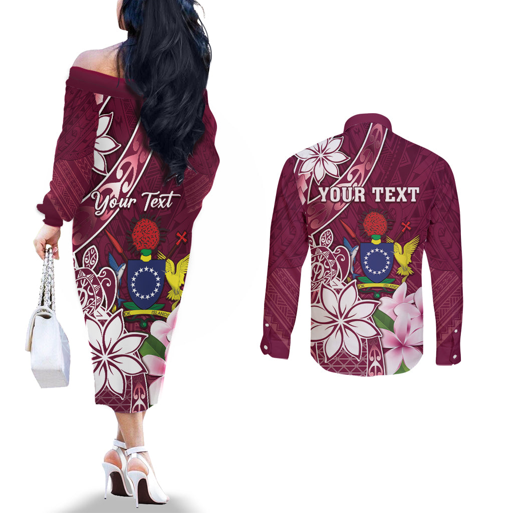 Personalised Cook Island Mangaia Gospel Day Couples Matching Off The Shoulder Long Sleeve Dress and Long Sleeve Button Shirt Floral Tribal Pattern LT05 - Polynesian Pride