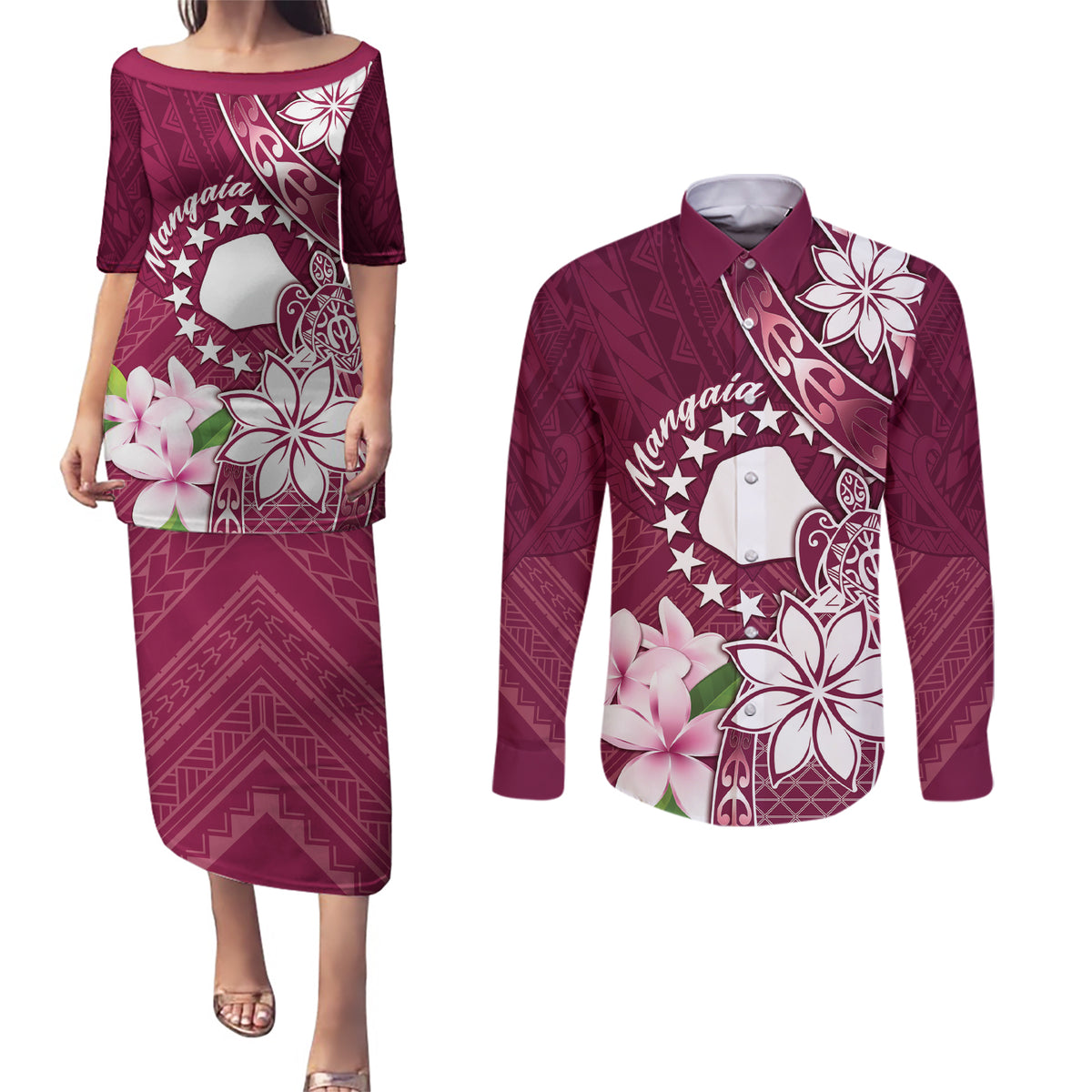 Personalised Cook Island Mangaia Gospel Day Couples Matching Puletasi and Long Sleeve Button Shirt Floral Tribal Pattern