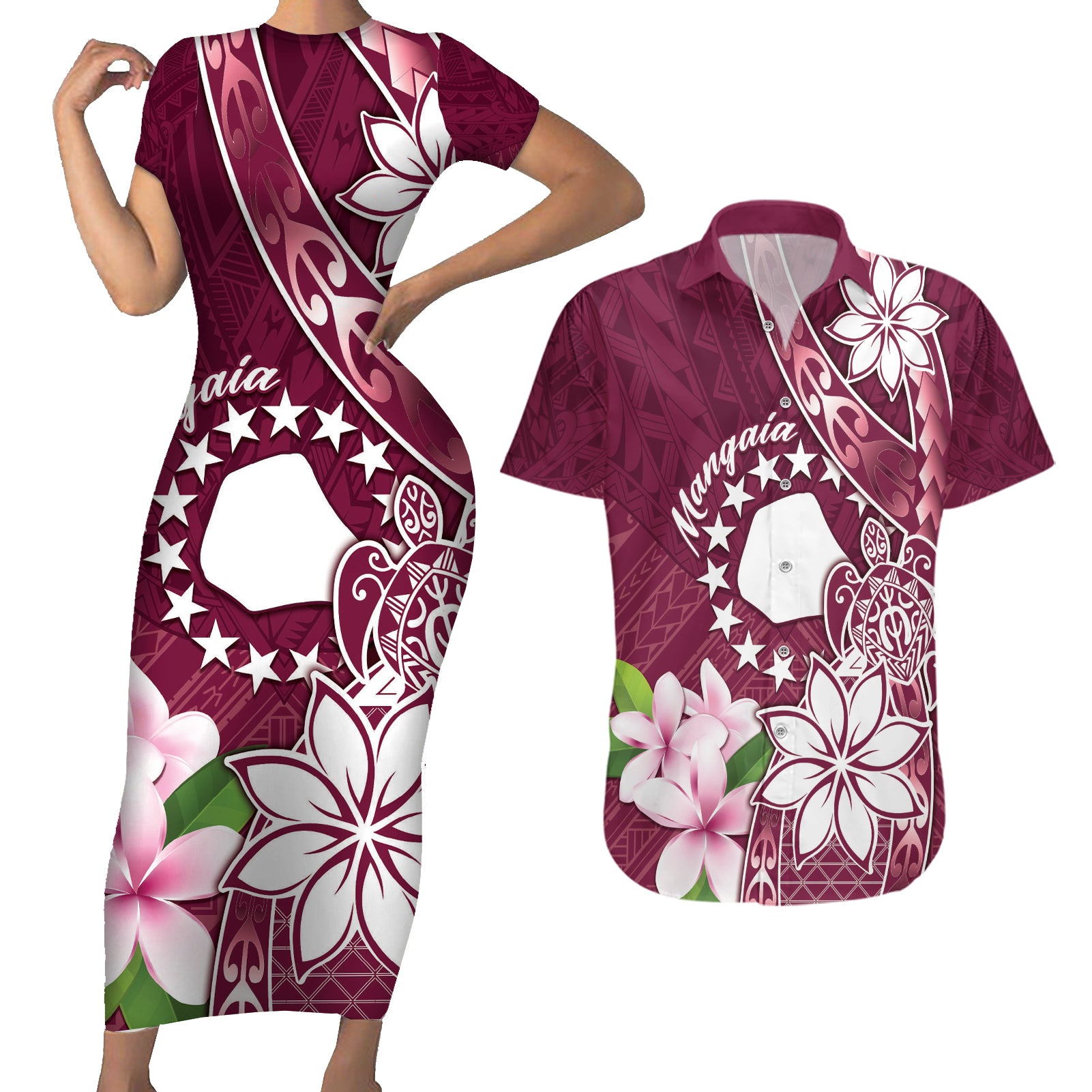 Personalised Cook Island Mangaia Gospel Day Couples Matching Short Sleeve Bodycon Dress and Hawaiian Shirt Floral Tribal Pattern