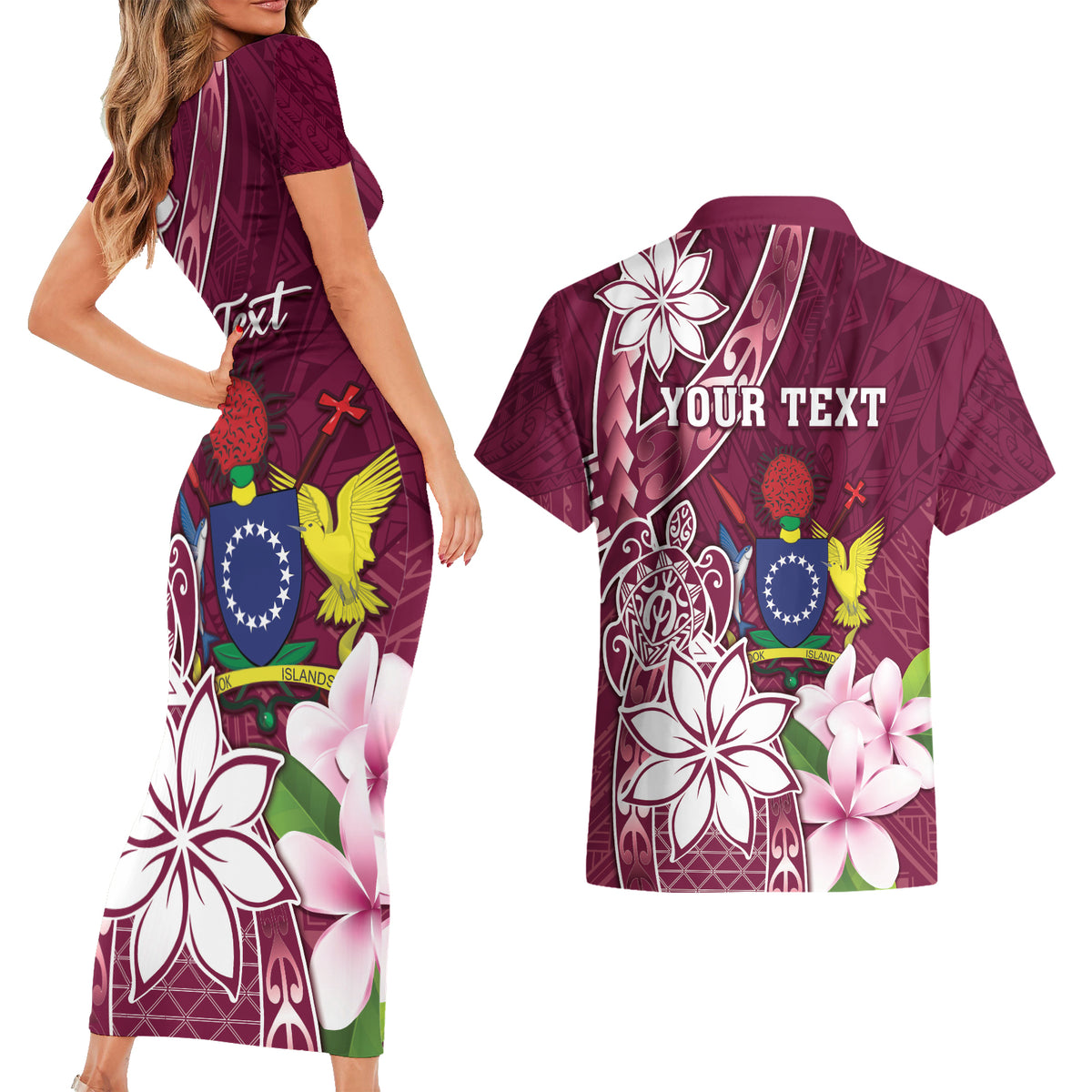 Personalised Cook Island Mangaia Gospel Day Couples Matching Short Sleeve Bodycon Dress and Hawaiian Shirt Floral Tribal Pattern LT05 - Polynesian Pride