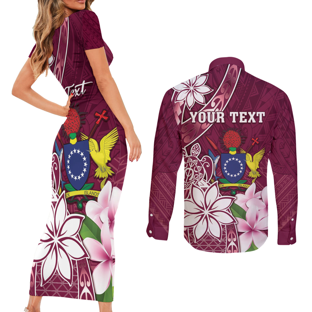 Personalised Cook Island Mangaia Gospel Day Couples Matching Short Sleeve Bodycon Dress and Long Sleeve Button Shirt Floral Tribal Pattern LT05 - Polynesian Pride
