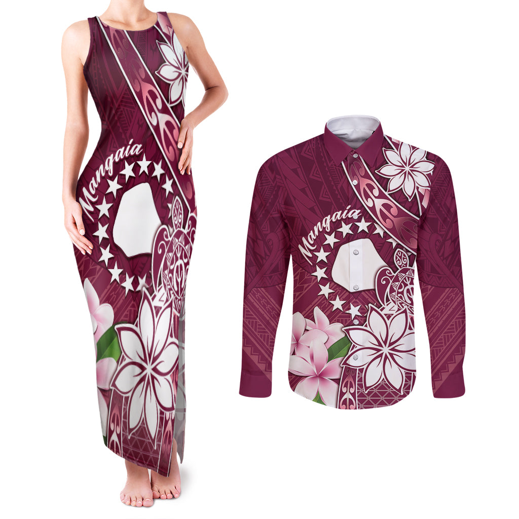 Personalised Cook Island Mangaia Gospel Day Couples Matching Tank Maxi Dress and Long Sleeve Button Shirt Floral Tribal Pattern LT05 Maroon - Polynesian Pride