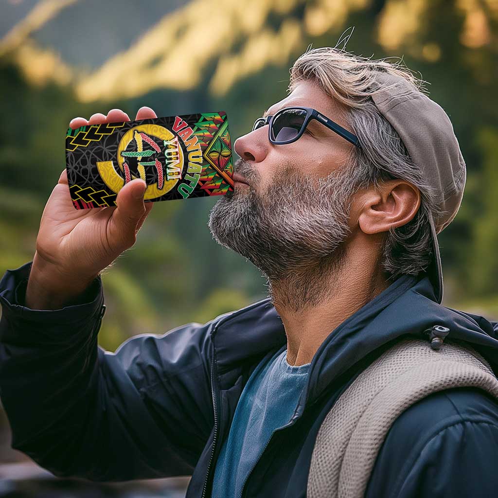 Vanuatu 45th Anniversary Independence Day 4 in 1 Can Cooler Tumbler Melanesian Warrior With Sand Drawing Pattern LT05