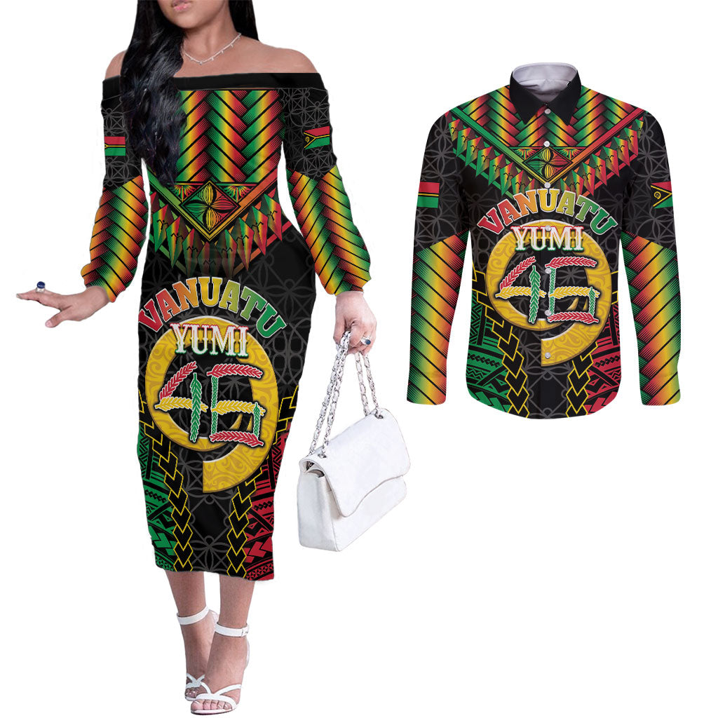 Vanuatu 46th Anniversary Independence Day Couples Matching Off The Shoulder Long Sleeve Dress and Long Sleeve Button Shirt Melanesian Warrior With Sand Drawing Pattern LT05 Black - Polynesian Pride