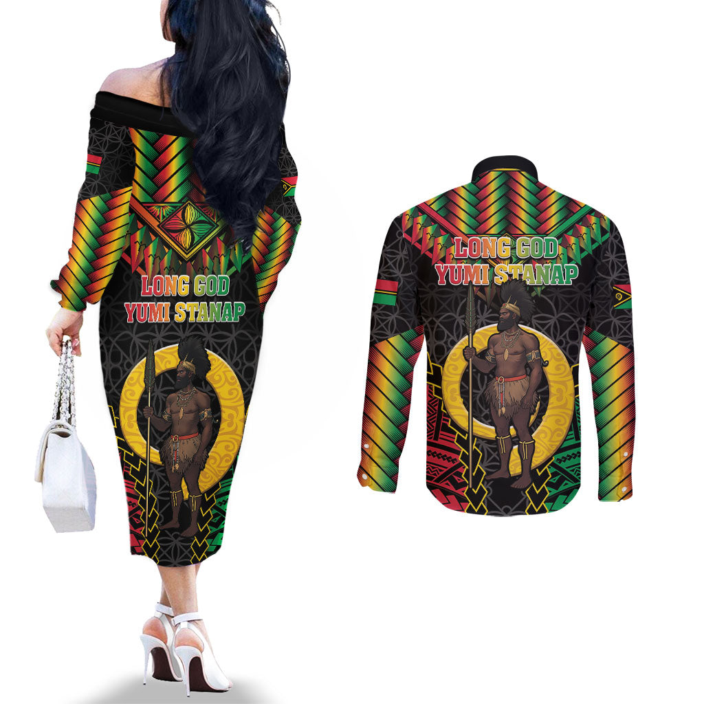Vanuatu 46th Anniversary Independence Day Couples Matching Off The Shoulder Long Sleeve Dress and Long Sleeve Button Shirt Melanesian Warrior With Sand Drawing Pattern LT05 - Polynesian Pride