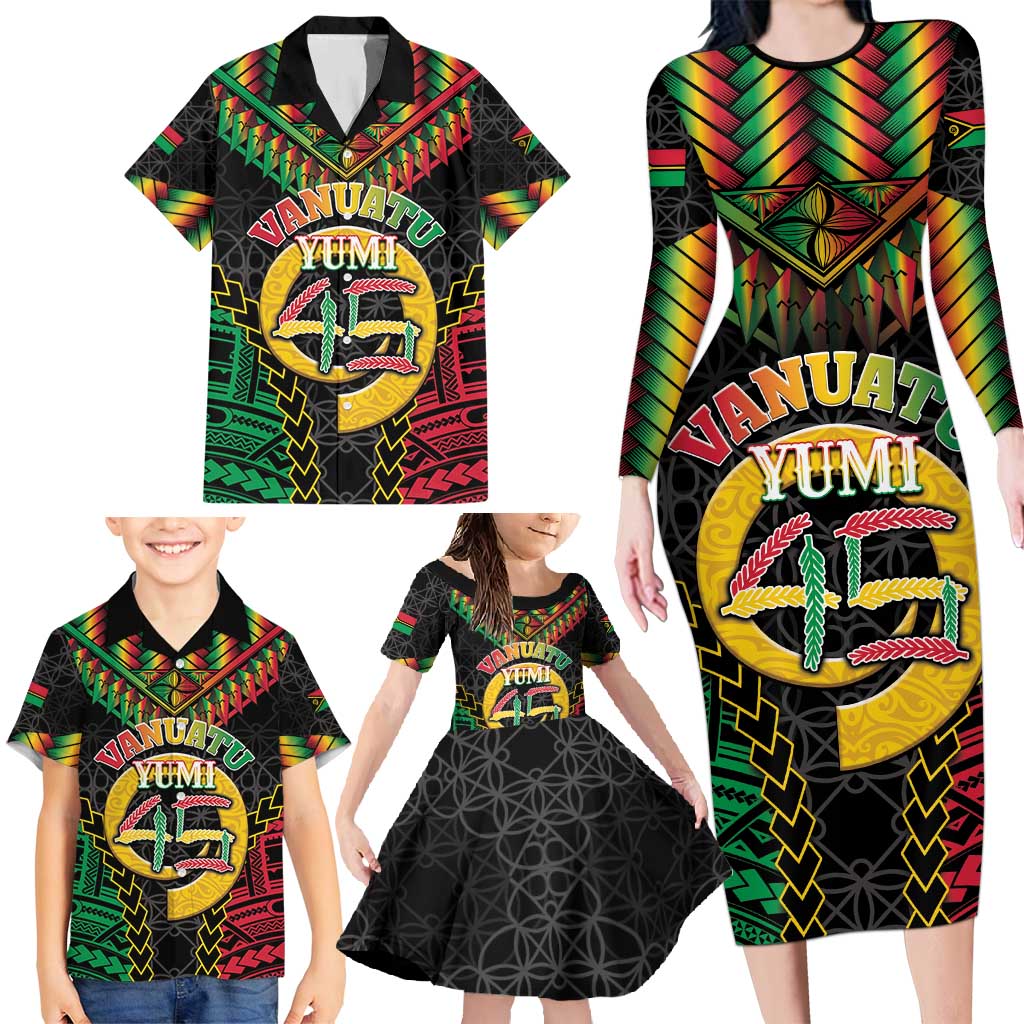 Vanuatu 45th Anniversary Independence Day Family Matching Long Sleeve Bodycon Dress and Hawaiian Shirt Melanesian Warrior With Sand Drawing Pattern LT05 - Polynesian Pride