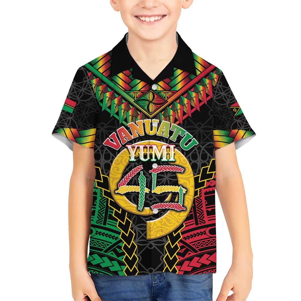 Vanuatu 45th Anniversary Independence Day Family Matching Long Sleeve Bodycon Dress and Hawaiian Shirt Melanesian Warrior With Sand Drawing Pattern LT05 Son's Shirt Black - Polynesian Pride